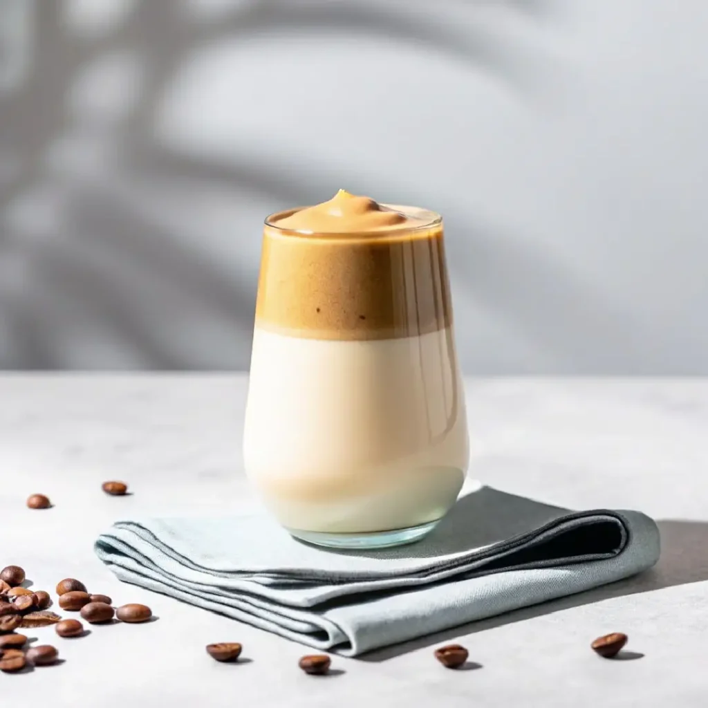 Glass of cloud coffee drink with whipped espresso foam on top and milk base, placed on a napkin with coffee beans.
